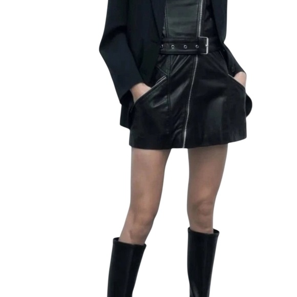 ZARA Real Leather Black Overall Mini Dress – Size L New - Picture 7 of 7